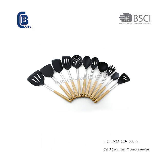 Ensemble d'ustensiles de cuisine en silicone avec poignée en bois pour batterie de cuisine antiadhésive